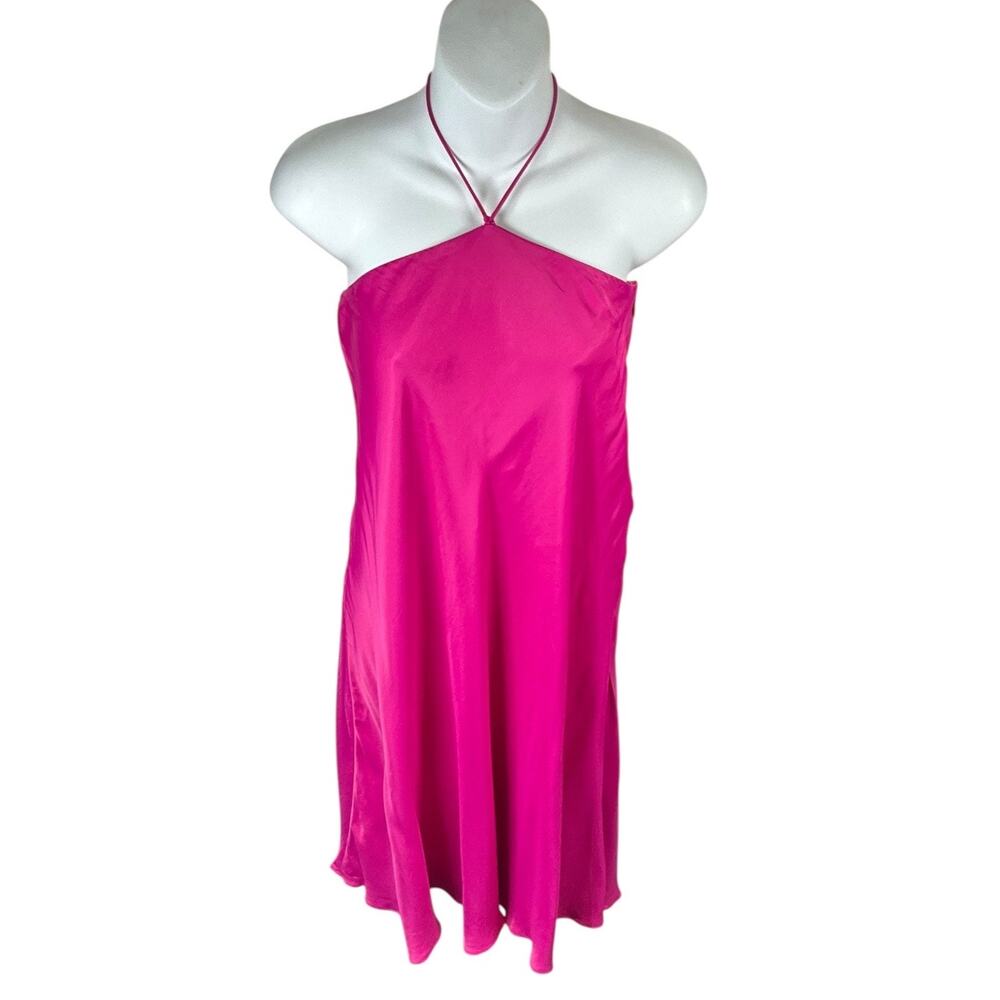 Farm Rio Pink Satin Halter Midi Dress Beaded Tie Back Size Small Resort